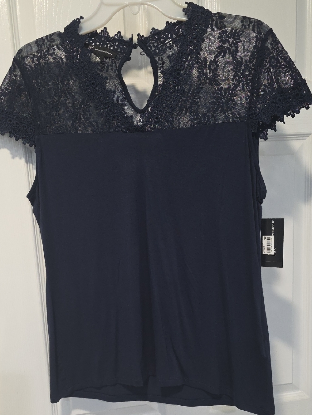 INC International Concepts Navy Lace Yoke Cap Sleeve Top